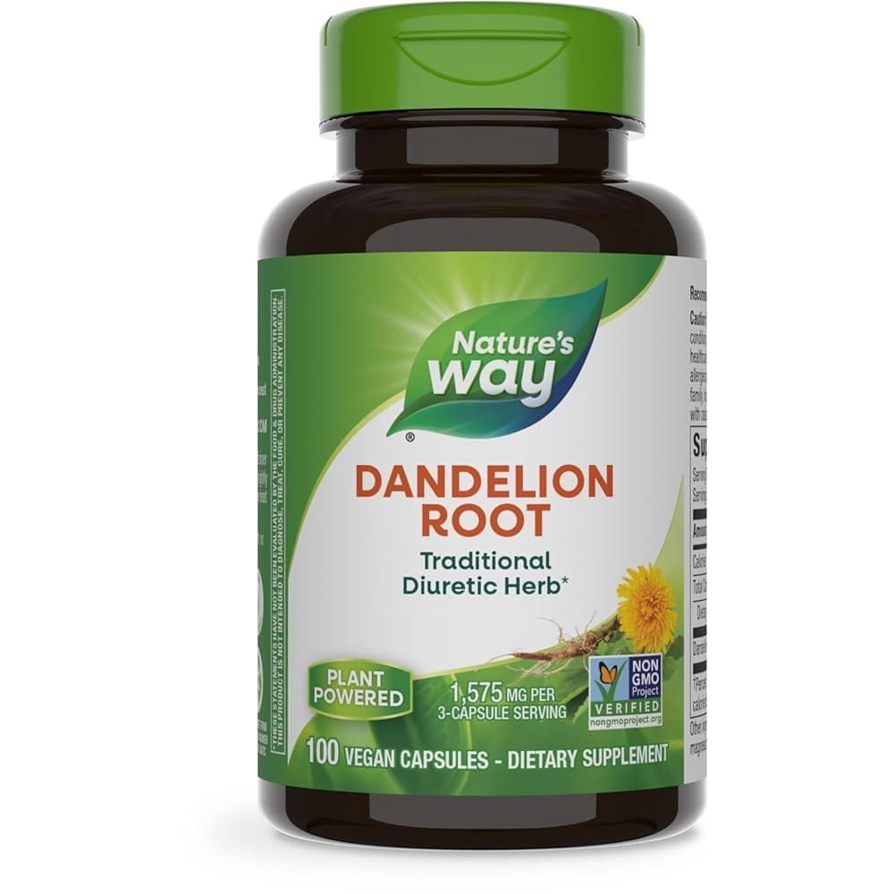 Nature’s Way Dandelion Root, Traditional Diuretic Herb*, Traditionally used to Soothe Digestive Upset*, Vegan, 100 Capsules (Packaging May Vary)