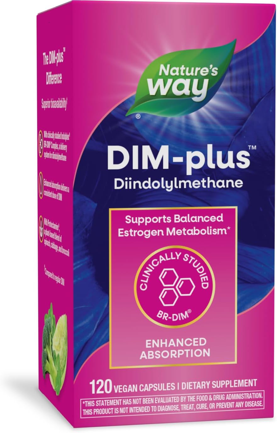 Nature’s Way DIM-Plus, DIM Supplement, Supports Balanced Estrogen Metabolism*, Supports Estrogen Hormone Balance*, Diindolylmethane, 120 Vegan Capsules (Packaging May Vary)
