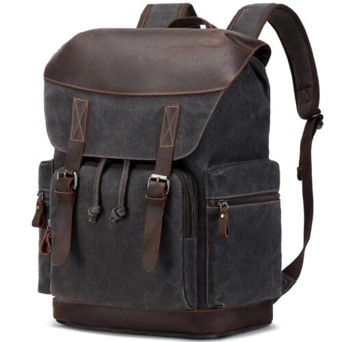 Nerlion Leather Backpack for Men Waxed Canvas Laptop Backpack 17.3 Inch Rucksack Vintage Travel Backpack (Black)