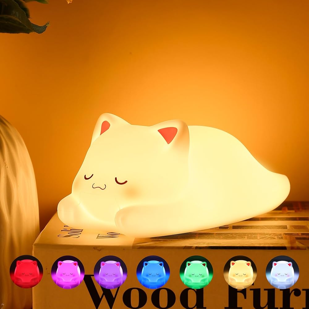 Night Light for Kids Cute Cat Lamp, 16 Colors+Tap+Silicone Kids Night Light for Kids Night Light,USB Rechargeable Cat Night Lights for Kids Room,Girls Bedroom Decor Cat Decor…