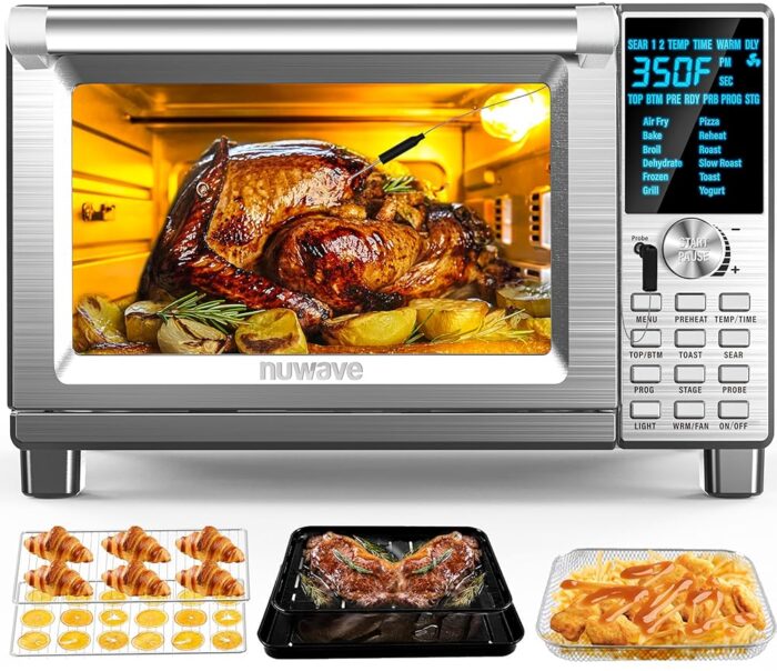 Nuwave Bravo Air Fryer Toaster Smart Oven, 12-in-1 Countertop Convection, 30-QT XL Capacity, 50°-500°F Temperature Controls, Top and Bottom Heater Adjustments 0%-100%, Brushed...