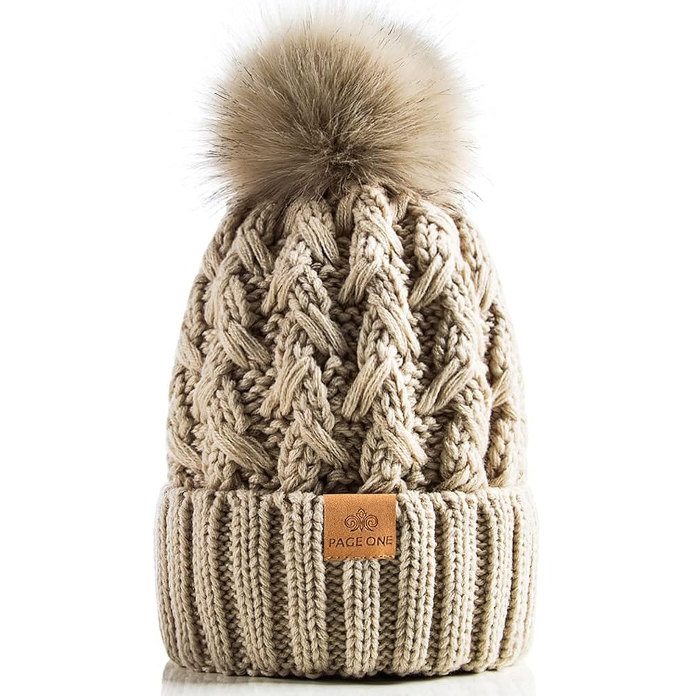PAGE ONE Womens Winter Ribbed Beanie Crossed Cap Chunky Cable Knit Pompom Soft Warm Hat