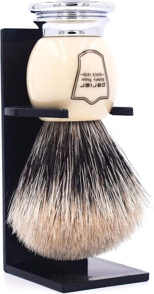 Parker Premium 3 Band Pure Badger Shaving Brush with Stand Included - White