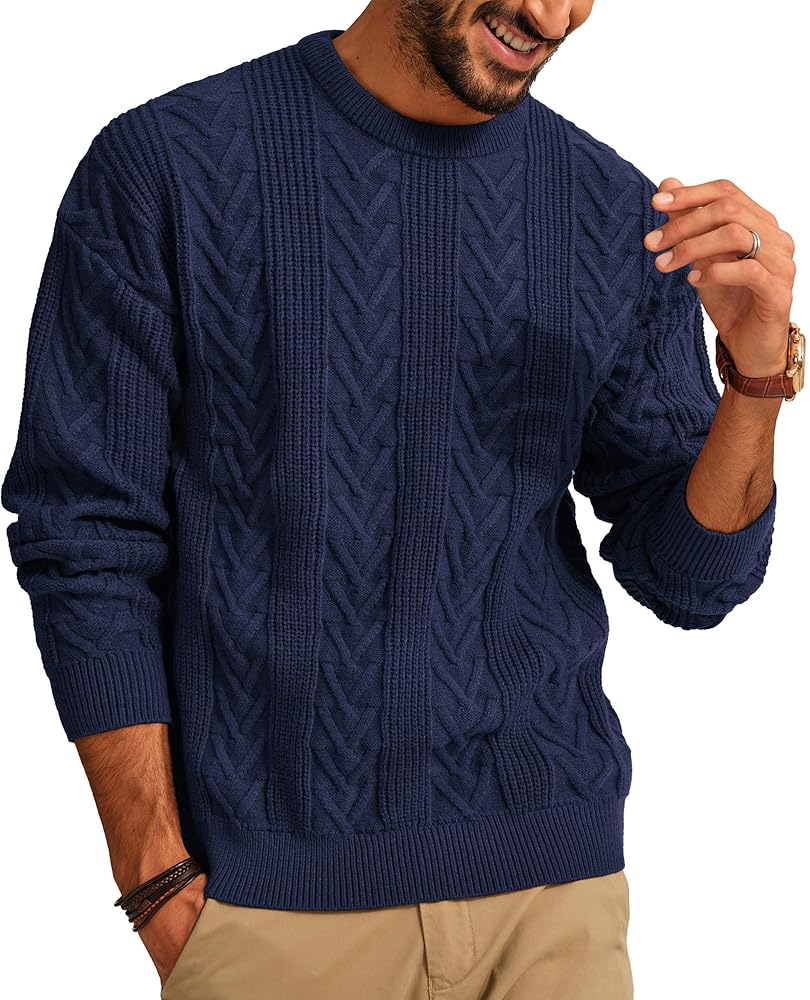 PJ PAUL JONES Mens Crewneck Sweater Casual Cable Knit Pullover Sweater Drop Shoulder Solid Knitted Sweaters