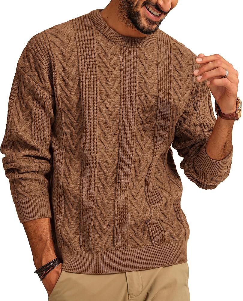 PJ PAUL JONES Mens Crewneck Sweater Casual Cable Knit Pullover Sweater Drop Shoulder Solid Knitted Sweaters