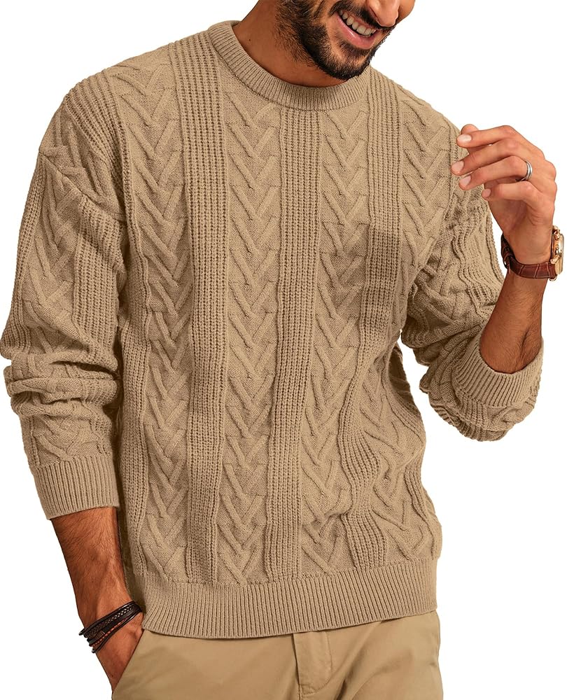 PJ PAUL JONES Mens Crewneck Sweater Casual Cable Knit Pullover Sweater Drop Shoulder Solid Knitted Sweaters