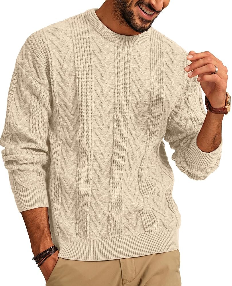 PJ PAUL JONES Mens Crewneck Sweater Casual Cable Knit Pullover Sweater Drop Shoulder Solid Knitted Sweaters