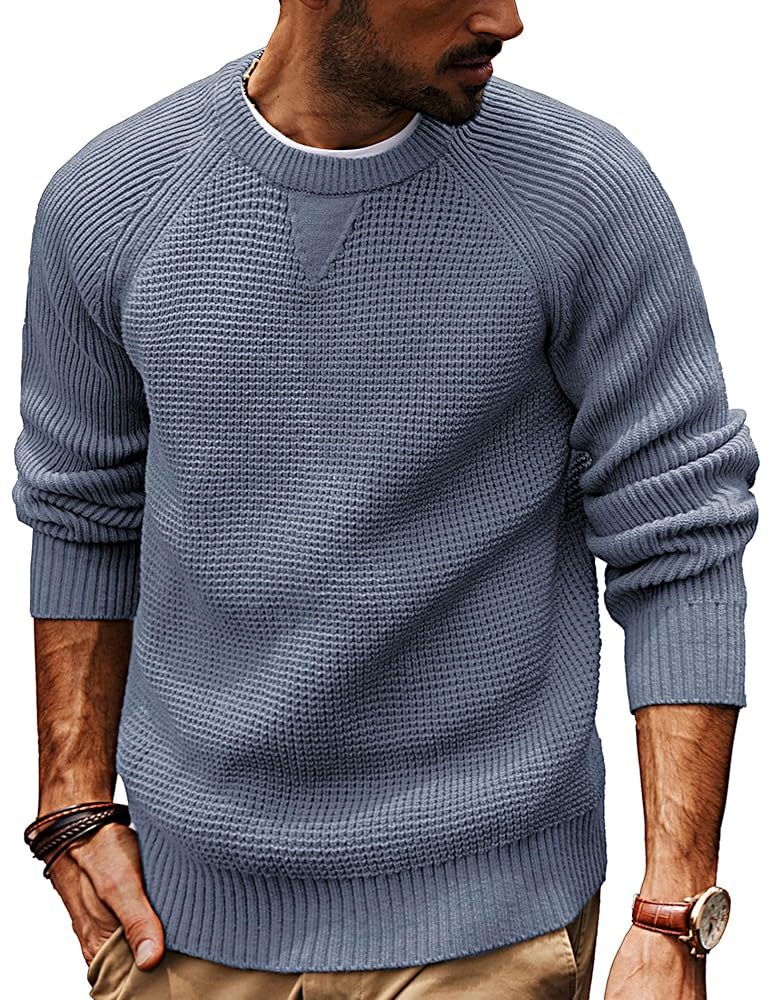 PJ PAUL JONES Mens Crewneck Sweater Waffle Knitted Pullover Sweaters Raglan Sleeve Knitwear Sweaters