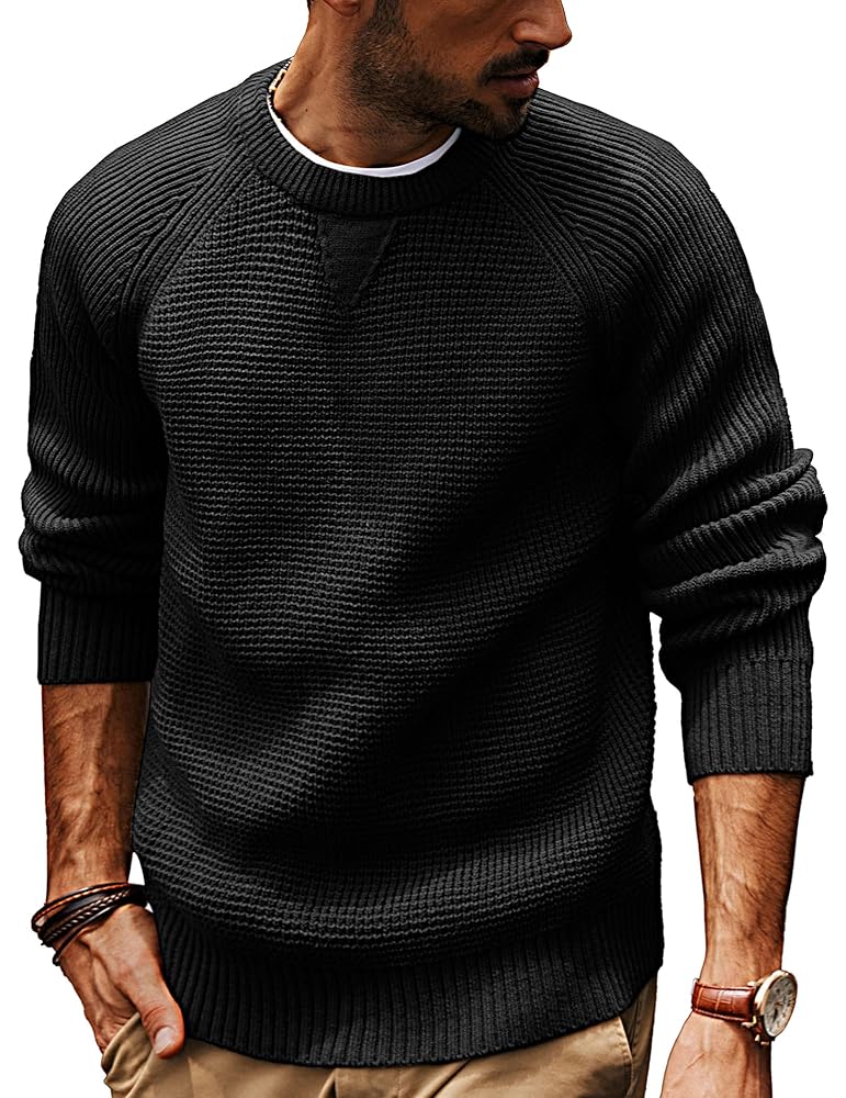 PJ PAUL JONES Mens Crewneck Sweater Waffle Knitted Pullover Sweaters Raglan Sleeve Knitwear Sweaters