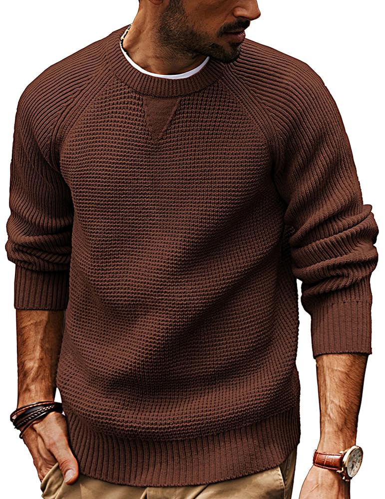 PJ PAUL JONES Mens Crewneck Sweater Waffle Knitted Pullover Sweaters Raglan Sleeve Knitwear Sweaters