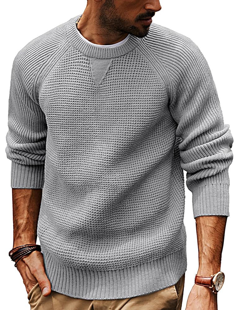 PJ PAUL JONES Mens Crewneck Sweater Waffle Knitted Pullover Sweaters Raglan Sleeve Knitwear Sweaters