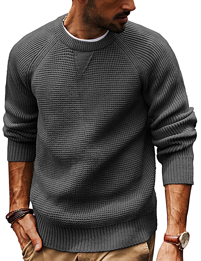 PJ PAUL JONES Mens Crewneck Sweater Waffle Knitted Pullover Sweaters Raglan Sleeve Knitwear Sweaters