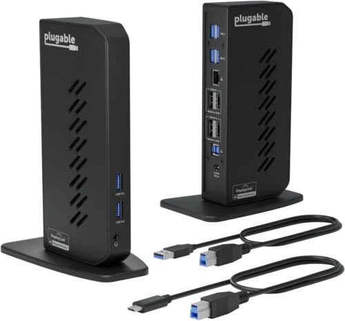 Plugable USB 3.0 and USB-C Dual 4K Display Docking Station with DisplayPort and HDMI for Windows and Mac (Dual 4K DisplayPort & HDMI, Gigabit Ethernet, Audio, 6 USB Ports) Vertical
