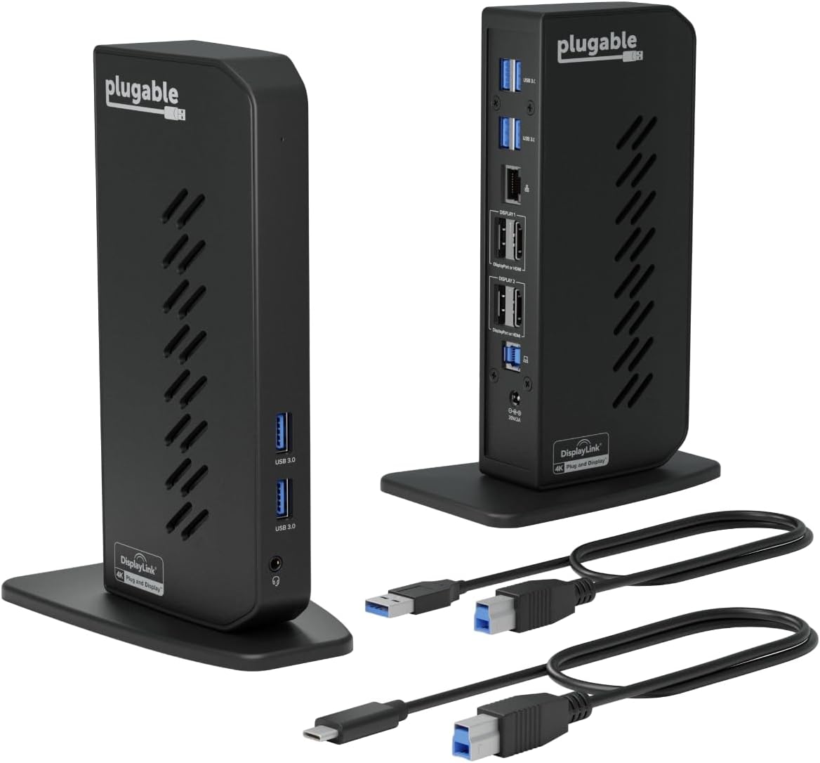 Plugable USB 3.0 and USB-C Dual 4K Display Docking Station with DisplayPort and HDMI for Windows and Mac (Dual 4K DisplayPort & HDMI, Gigabit Ethernet, Audio, 6 USB Ports) Vertical