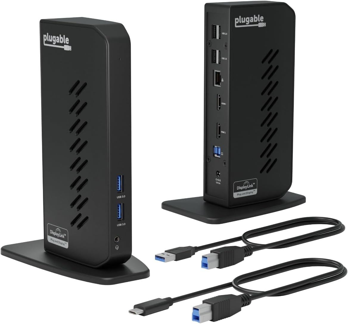 Plugable USB 3.0 and USB-C Universal Laptop Docking Station with 2 HDMI Ports for Windows, Mac, and ChromeOS (Gigabit Ethernet, Audio, 6 USB Ports)