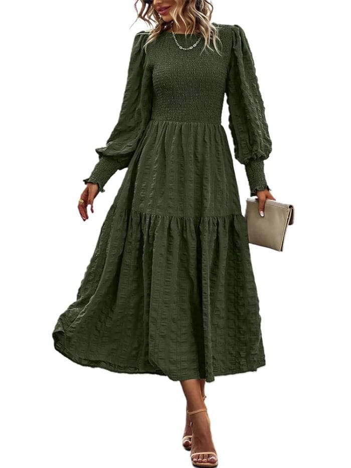 PRETTYGARDEN Women 2024 Puff Long Sleeve Crewneck Smocked Maxi Dress Solid Empire Waist Tiered A-line Swing Flowy Long Dress