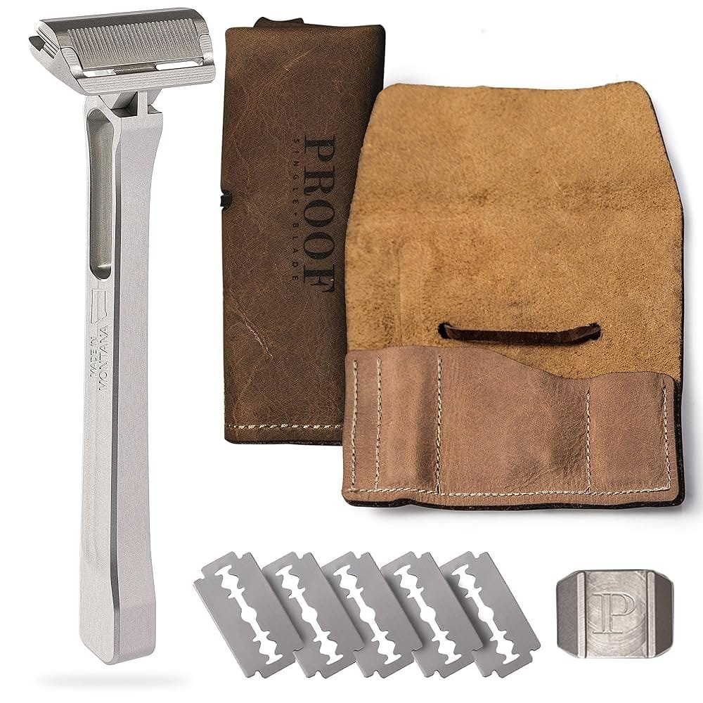 Proof Razor Single Blade Safety Razor CNC Machined Aluminum Metal Made in USA Pivoting Head Smooth Shave Easy Blade Replacement Includes Genuine Leather Case, Suction Cup…