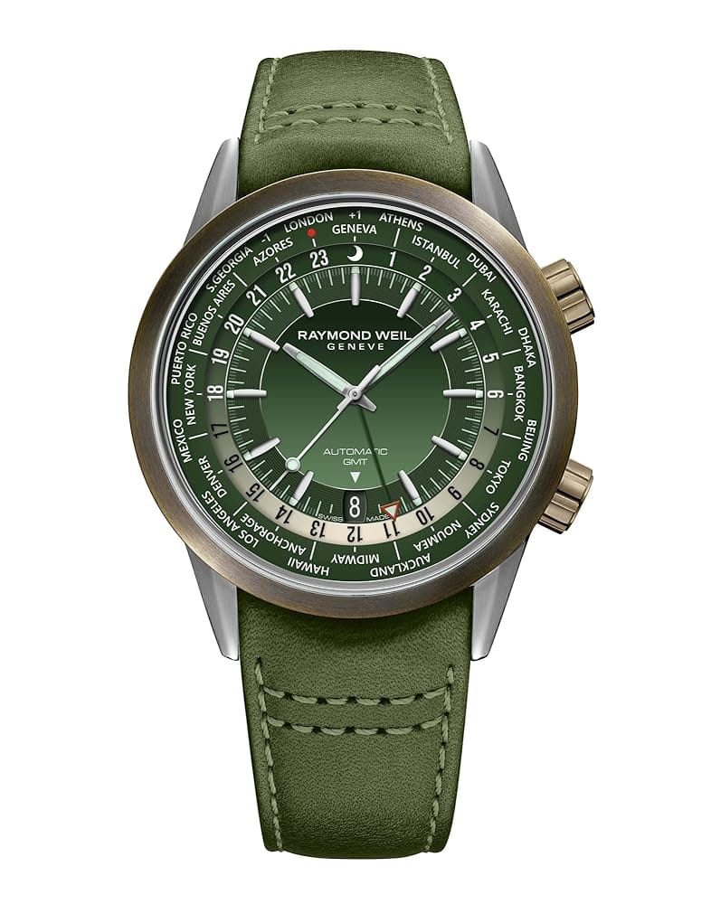 RAYMOND WEIL Freelancer GMT Worldtimer Men’s Watch, 24 Cities and Time Zones, Green Dial, Indexes, Green Leather Watch, 41mm (Model: 2765-SBC-52001)