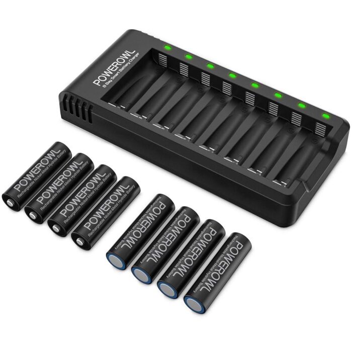 Rechargeable AA Batteries with Charger, POWEROWL 8 Pack of 2800mAh High Capacity Low Self Discharge Ni-MH Double A Batteries with Smart 8 Bay Battery Charger (USB Fast Charging,...