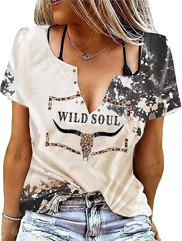 Retro Steer Skull Western T-Shirt Women Vintage Country Music Shirt Cute Cowgirl Graphic Cowboy Tees Tops
