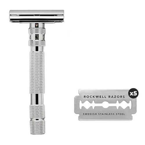 ROCKWELL RAZORS T2 Long Handle Safety Razor with Infinite Shaving Settings, 5 Blades and Travel Leather Bag, White Chrome
