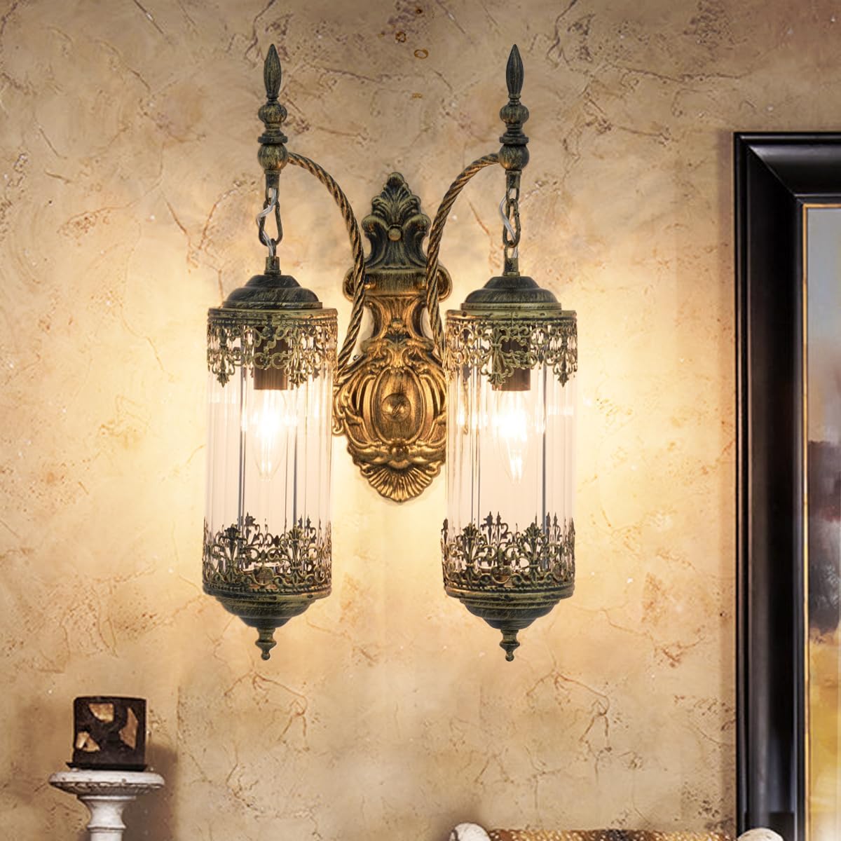 Rustic Glass Wall Sconce Vintage 2-Lights Antique Gothic Wall Light Fixture Retro Farmhouse Mid Centry Lantern Wall Sconce for Bedroom, Living Room, Mirror, Brush Gold, E12