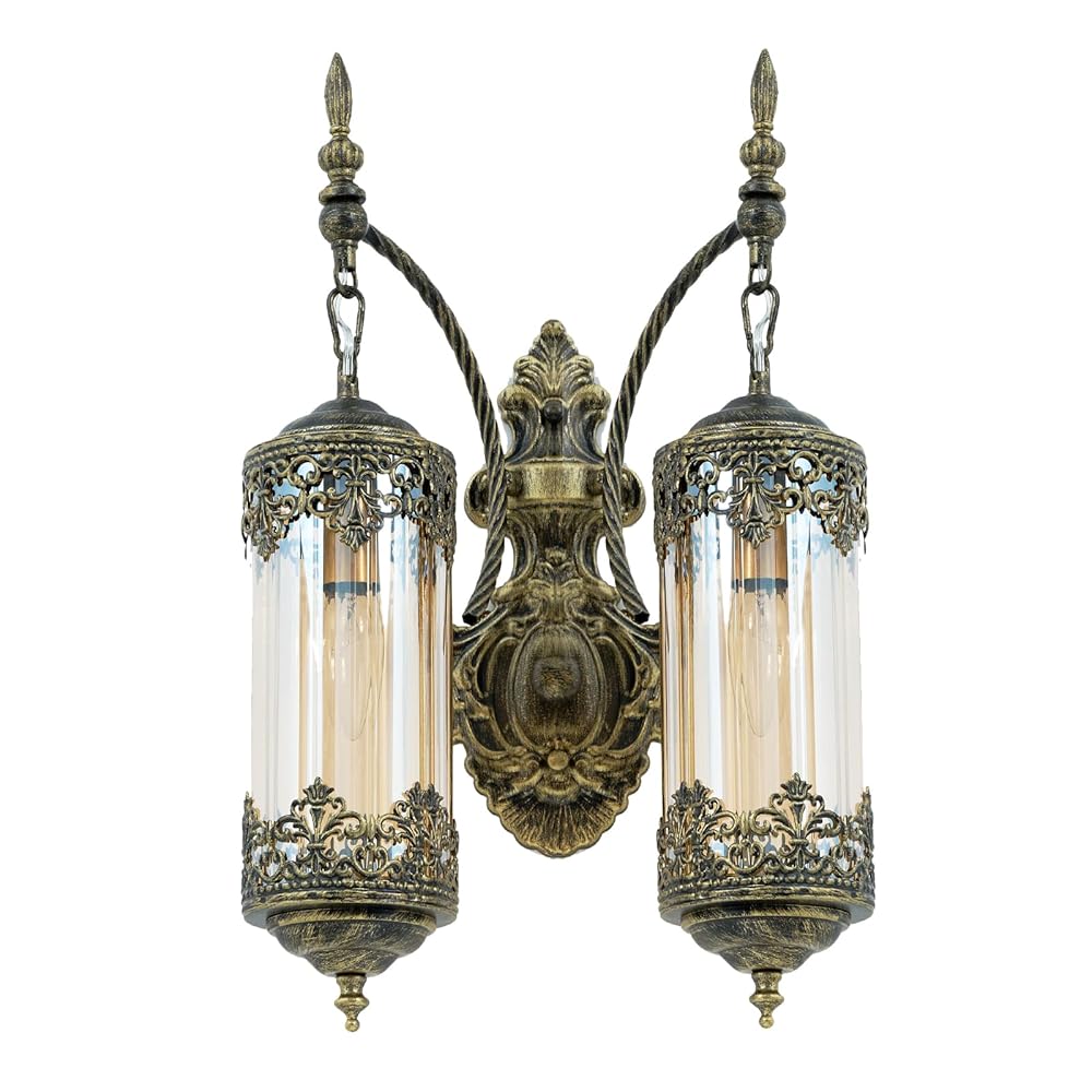 Rustic Wall Sconce with Amber Glass Vintage 2-Lights Antique Gothic Wall Light Fixture Retro Mid Centry Lantern Wall Sconce for Bedroom, Living Room, Mirror, Brush Gold, E12