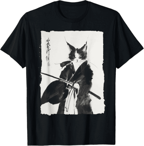 Samurai Cat Vintage Ukiyo-e Warrior Art Graphic Cat Art T-Shirt