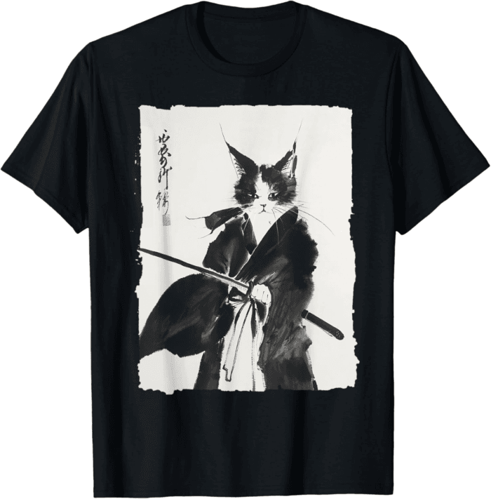 Samurai Cat Vintage Ukiyo-e Warrior Art Graphic Cat Art T-Shirt