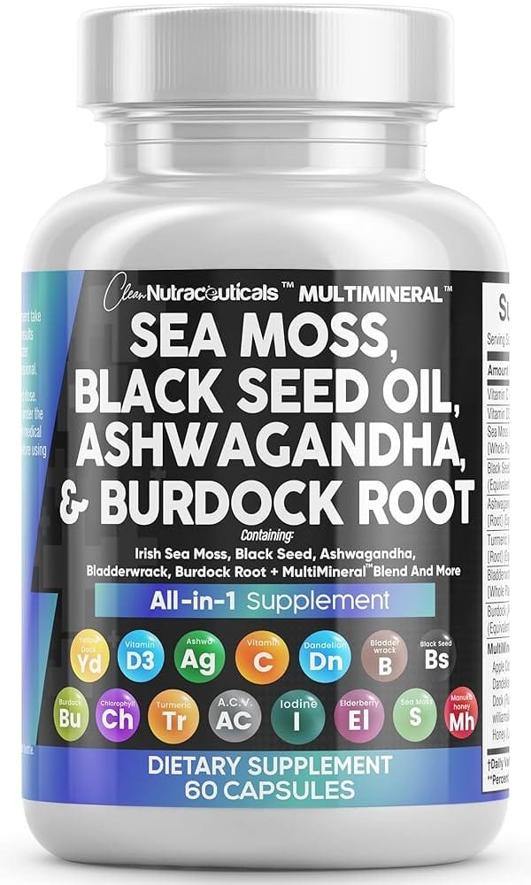 Sea Moss 3000mg Black Seed Oil 2000mg Ashwagandha 1000mg Turmeric 1000mg Bladderwrack 1000mg Burdock 1000mg & Vitamin C & D3 with Elderberry Manuka Dandelion Yellow Dock Iodine…