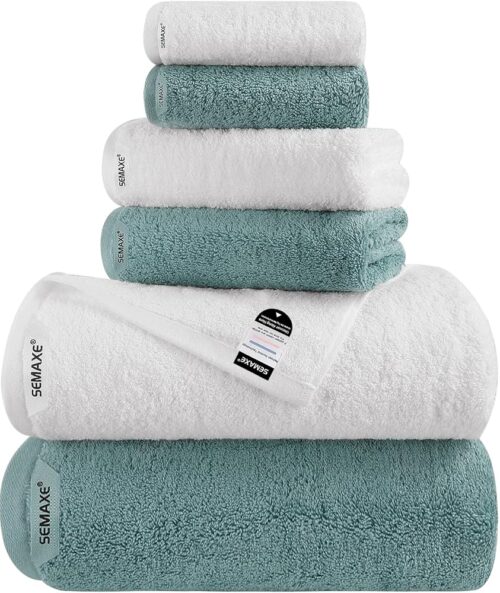 SEMAXE 6-Piece Mixed Color Towel Set (White, Blue) - 100% Cotton, Lightweight, Absorbent, Quick-Drying Bathroom Towel, Ideal for Couples and Gifts, Bath Towel, Hand Towel, and...