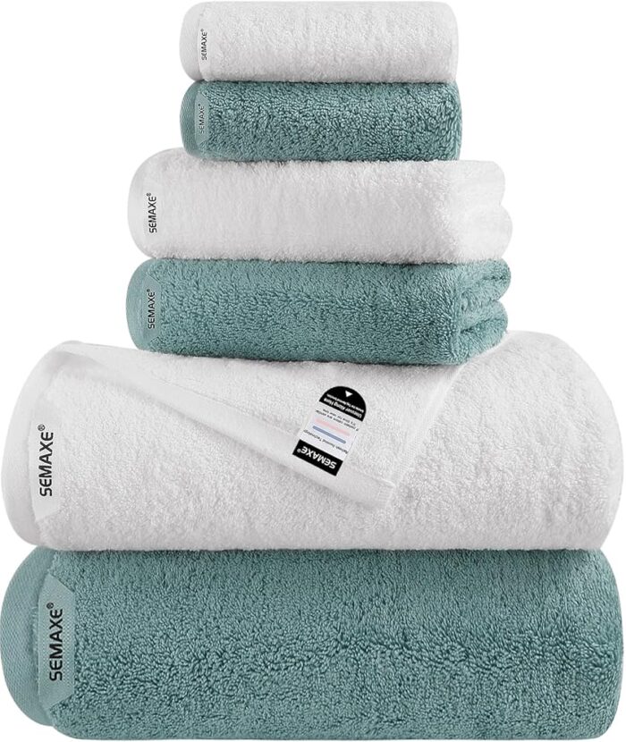 SEMAXE 6-Piece Mixed Color Towel Set (White, Blue) - 100% Cotton, Lightweight, Absorbent, Quick-Drying Bathroom Towel, Ideal for Couples and Gifts, Bath Towel, Hand Towel, and...