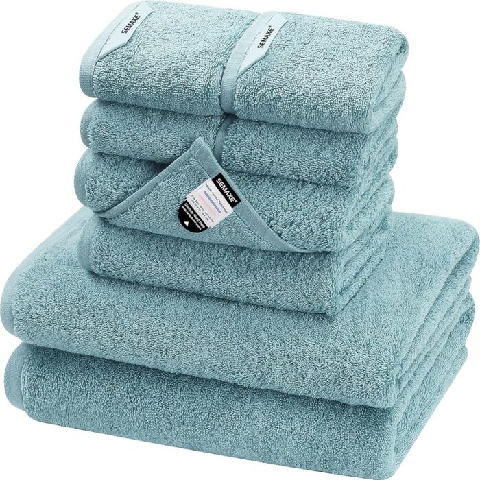 SEMAXE Bath Towel Set, 100% Cotton Bathroom Towels with Hanging Loops and Nano-Bio Lifecycle Labels, 8 Piece Towel Set Include 2 Bath Towels, 2 Hand Towels, 4 Washcloths, Blue