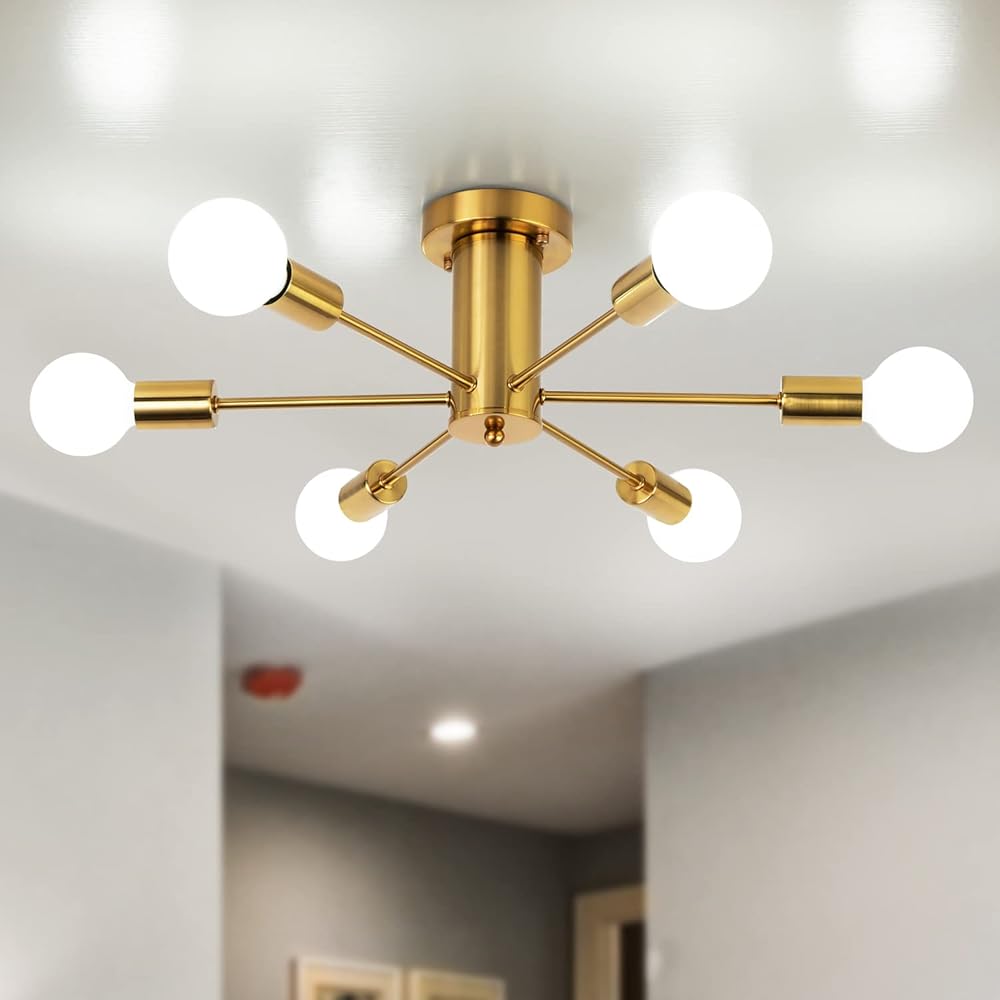Semi Flush Mount Ceiling Light Fixture, 6 Lights Modern Sputnik Chandelier Hanging Pendant Lighting for Living Room Kitchen Dining Room Bedroom Farmhouse Flush Mount Ceiling…