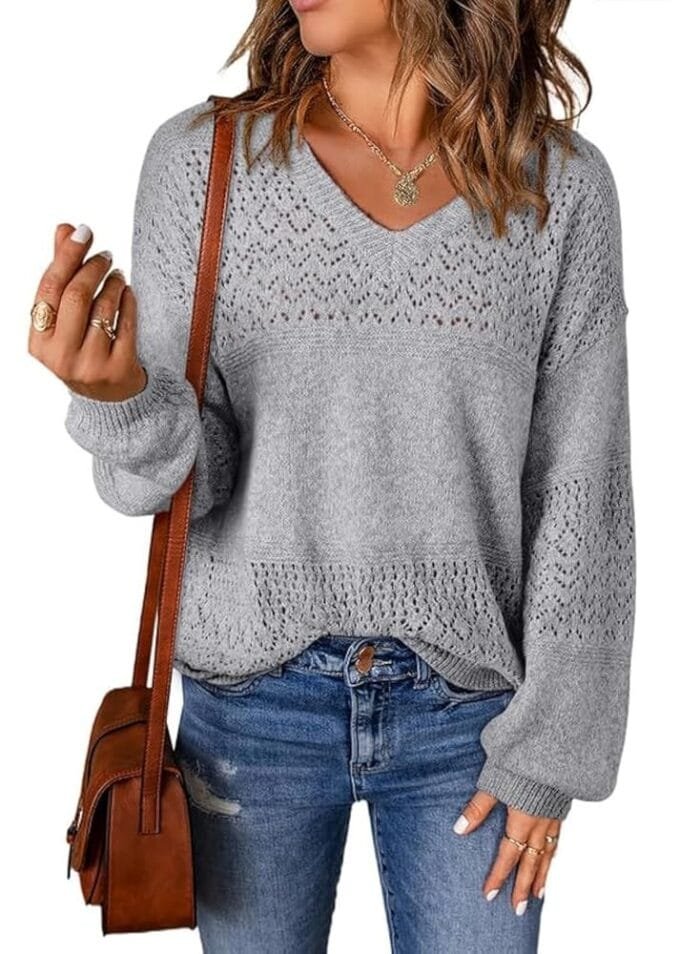 SHEWIN Womens Sweaters Casual Long Sleeve V Neck Lightweight Crochet Pullover Sweater Tops
