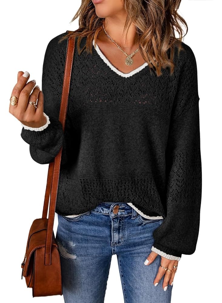 SHEWIN Womens Sweaters Casual Long Sleeve V Neck Lightweight Crochet Pullover Sweater Tops