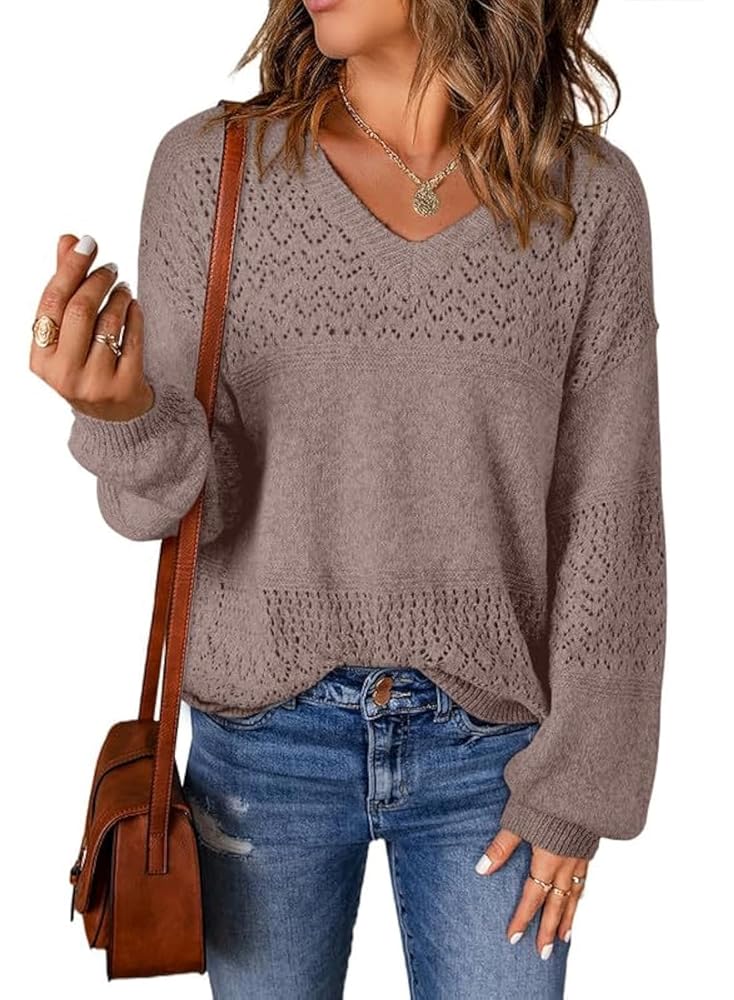 SHEWIN Womens Sweaters Casual Long Sleeve V Neck Lightweight Crochet Pullover Sweater Tops