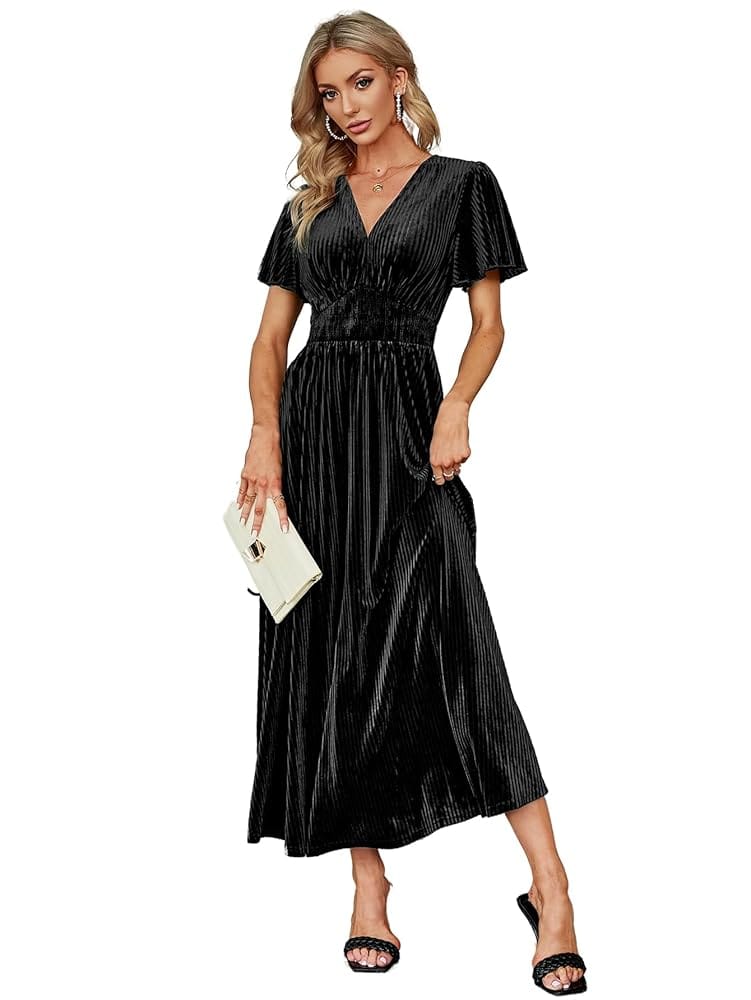 Simplee Women’s V Neck Velvet Maxi Dress Short Sleeve Empire Waist Long Formal Dress for Wedding Guest