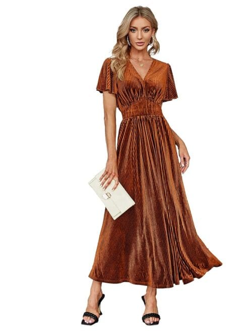Simplee Women’s V Neck Velvet Maxi Dress Short Sleeve Empire Waist Long Formal Dress for Wedding Guest