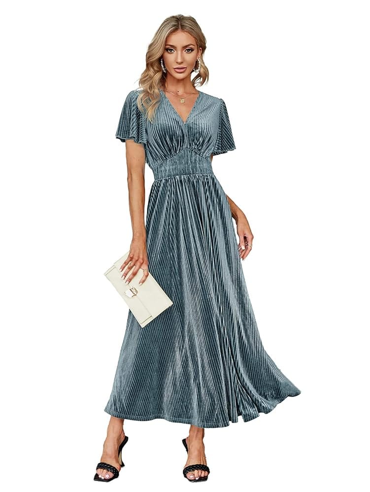Simplee Women’s V Neck Velvet Maxi Dress Short Sleeve Empire Waist Long Formal Dress for Wedding Guest