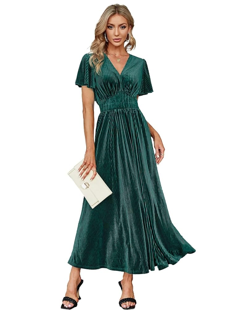 Simplee Women’s V Neck Velvet Maxi Dress Short Sleeve Empire Waist Long Formal Dress for Wedding Guest