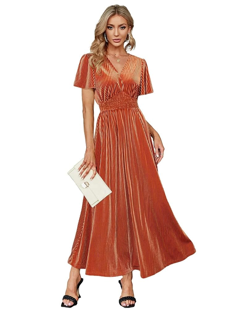 Simplee Women’s V Neck Velvet Maxi Dress Short Sleeve Empire Waist Long Formal Dress for Wedding Guest