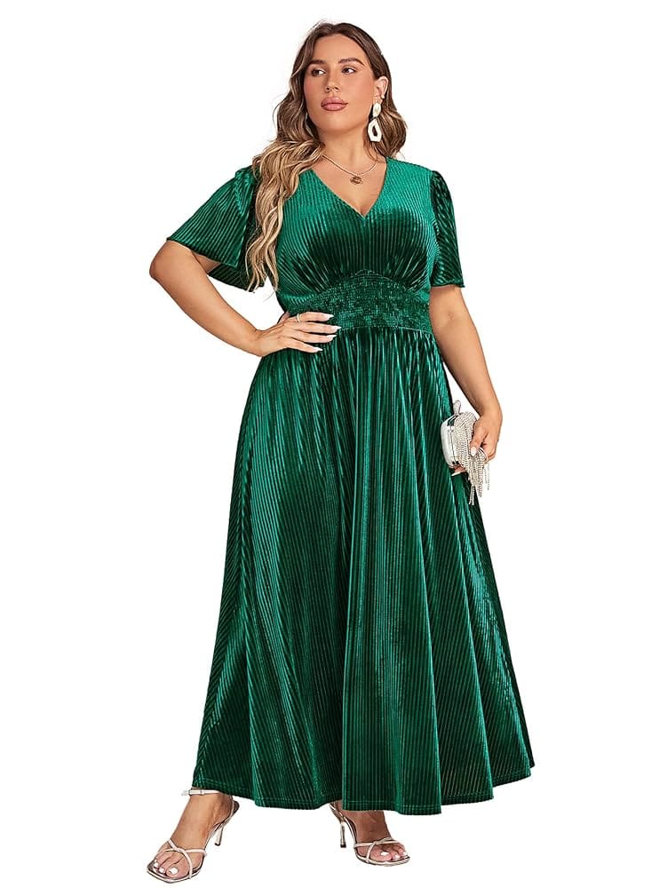 Simplee Women’s V Neck Velvet Maxi Dress Short Sleeve Empire Waist Long Formal Dress for Wedding Guest