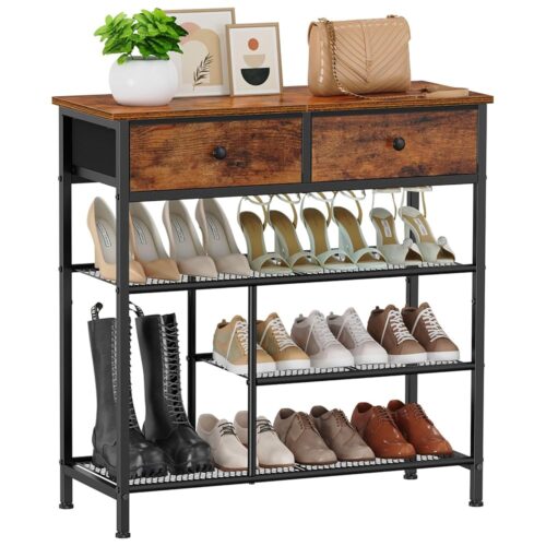 Snughome Shoe Rack, 4 Tier Shoe Storage Organizer with 2 Drawers, Shoe Storage Shelves with Sturdy Wooden Top and Metal Shelves, Free Standing Shoe Rack for Entryway Closet
