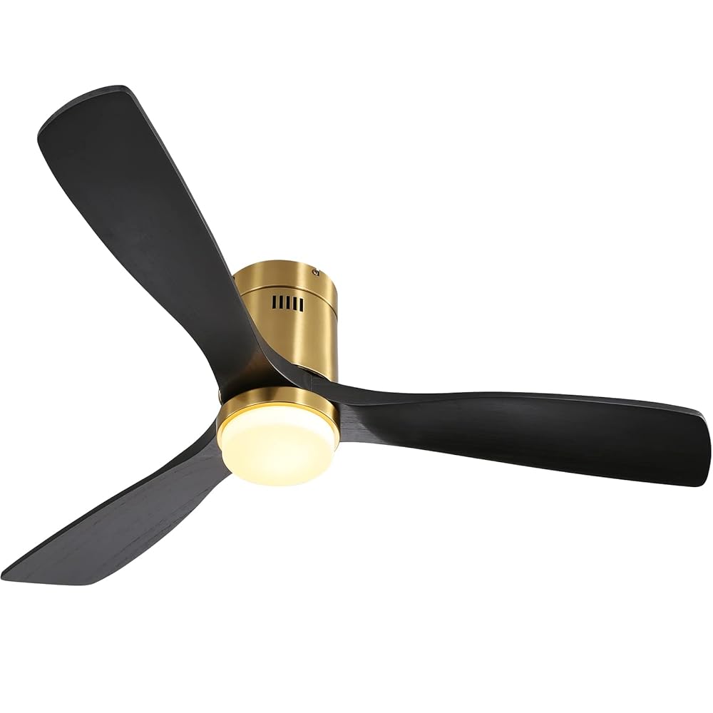 Sofucor Low Profile Ceiling Fan, Flush Mount Ceiling Fan with Lights and Remote Control, 52” Wood Ceiling Fan with 3 Color Temperature & Adjustable Brightness, Black Wood