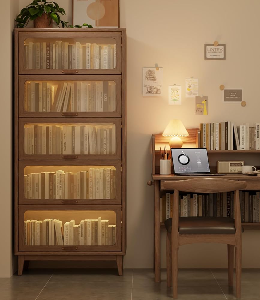 Solid Wood Bookcase 5 Tier Bookshelves with Tempered Glass Flip-Up Doors 72Hx13.7Dx32W" Brown Finish Cube Storage Organizer, Bookshelf Versatile Pantry Cabinet with Storage for...