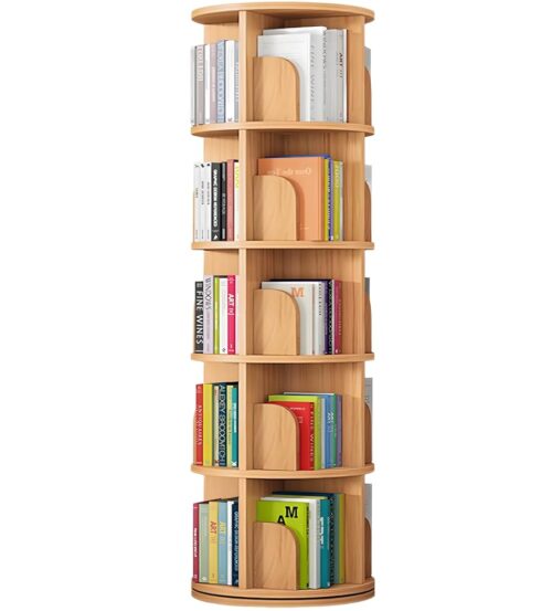 Solid Wood Rotating Bookshelf Tower, 5 Tier 360° Display Stackable Spinning Bookshelf for Kids & Adults, Corner Bookshelf for Small Space, Narrow Book Shelf Organizer