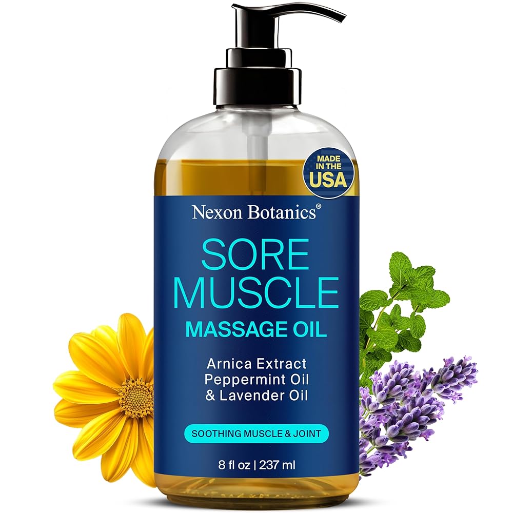 Sore Muscle Massage Oil 8 fl oz – Arnica Massage Oil for Massage Therapy – Peppermint, Lavender Oil for Body, Pain Relief, Muscle Relaxing – Nexon Botanics