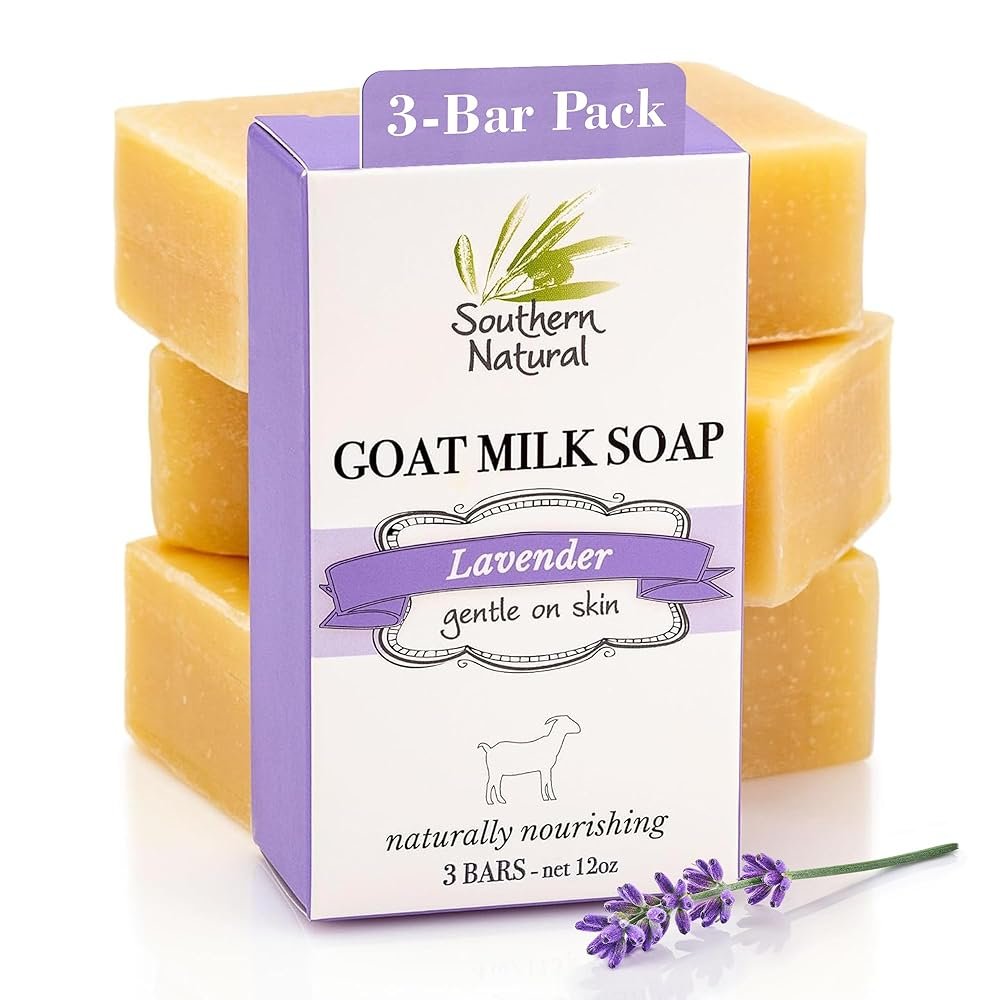Southern Natural Goat Milk Soap Bar (Lavender 3 Pack) For Dry Sensitive Skin. Natural, Handmade Soap For Men, Women, Kids & Baby. Use On Face & Body