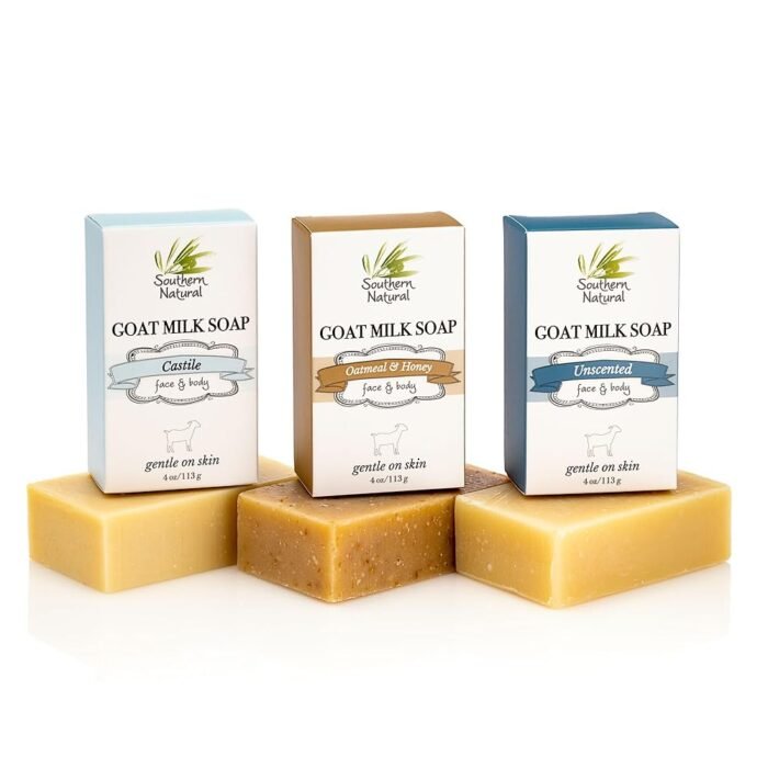 Southern Natural Goat Milk Soap Bar (Unscented Variety 3 Pack - Oatmeal & Honey/Castile/Unscented) For Dry, Sensitive Skin. Face and Body Soap For Men, Women, Kids and Baby....